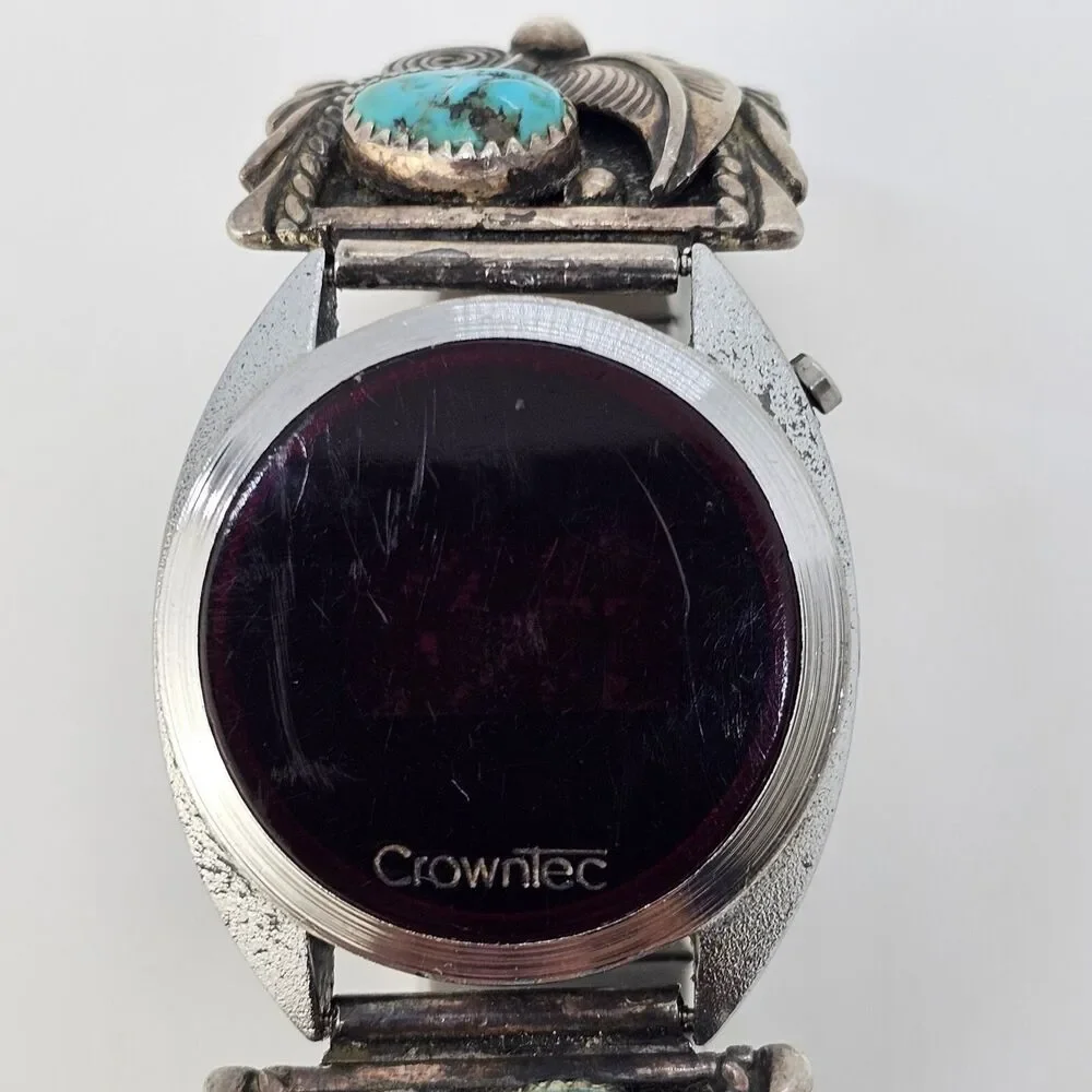 VTG Navajo Sterling Silver Flower Coral Turquoise Band‎ CrownTec Digital Watch